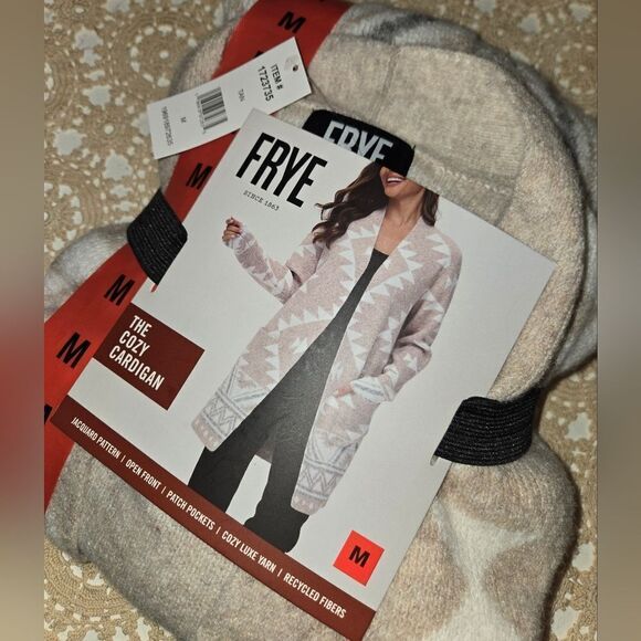 Frye Gray and Cream Cardigan Sweater with Open Front and Long Length - Picture 3 of 11